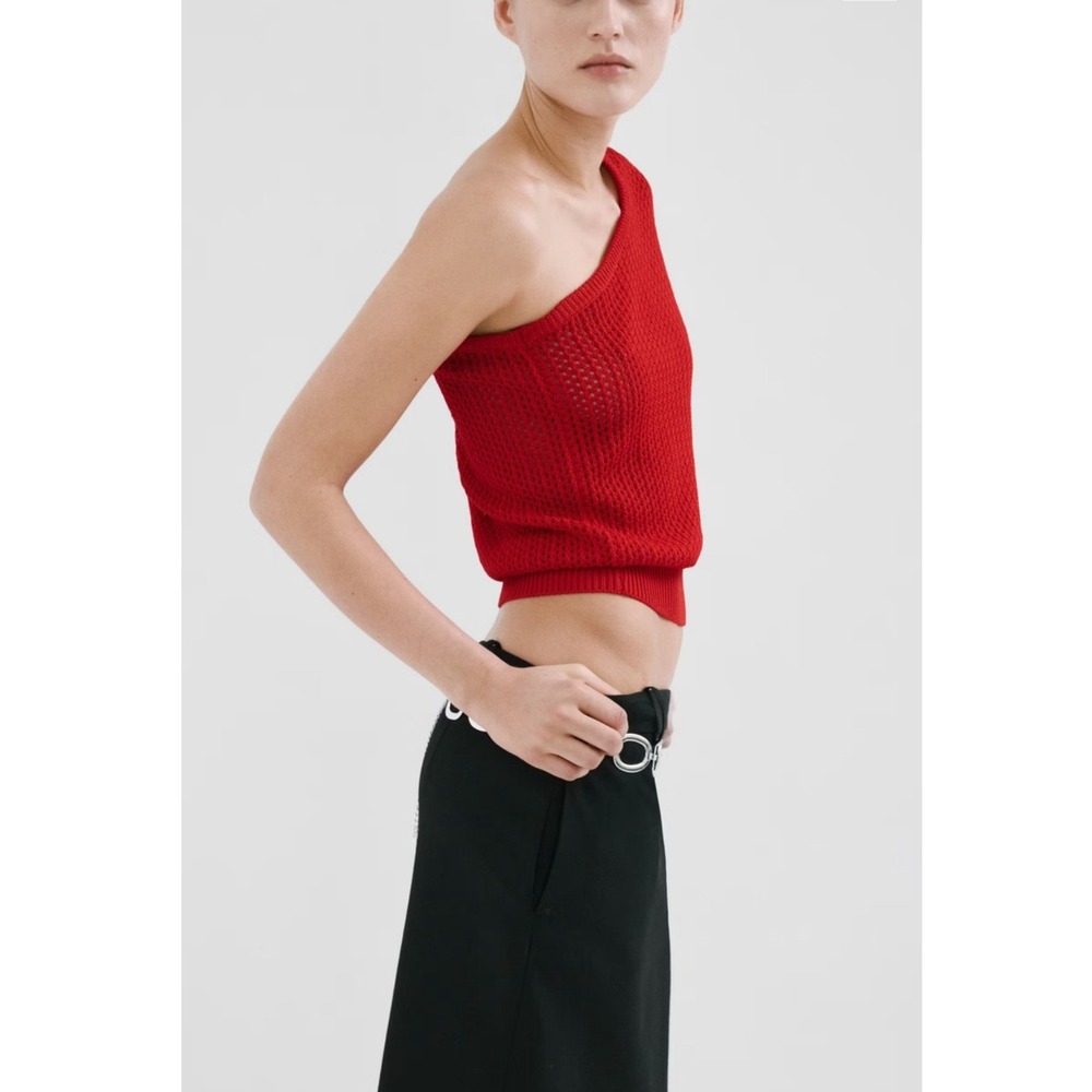 Mango Asymmetric Knit Mesh Off Shoulder Red Sweater XS New Tags‎